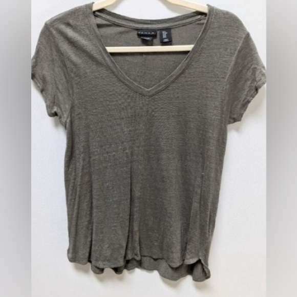 Tahari Dark Green Short Sleeve 100% Linen V Tee size M - Picture 1 of 3